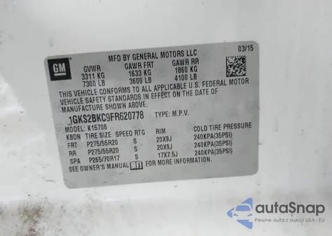 2015 GMC Yukon Slt z USA, uszkodzony, nr VIN 1GKS2BKC9FR620778